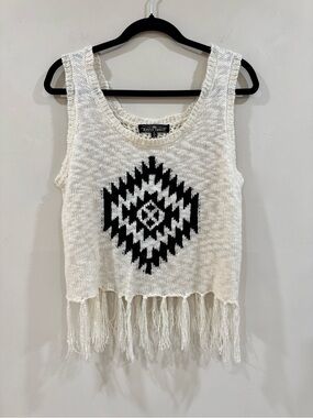 Almost Famous Knit Crochet Fringe Tank Sweater Boho Aztec Western Festival Top L